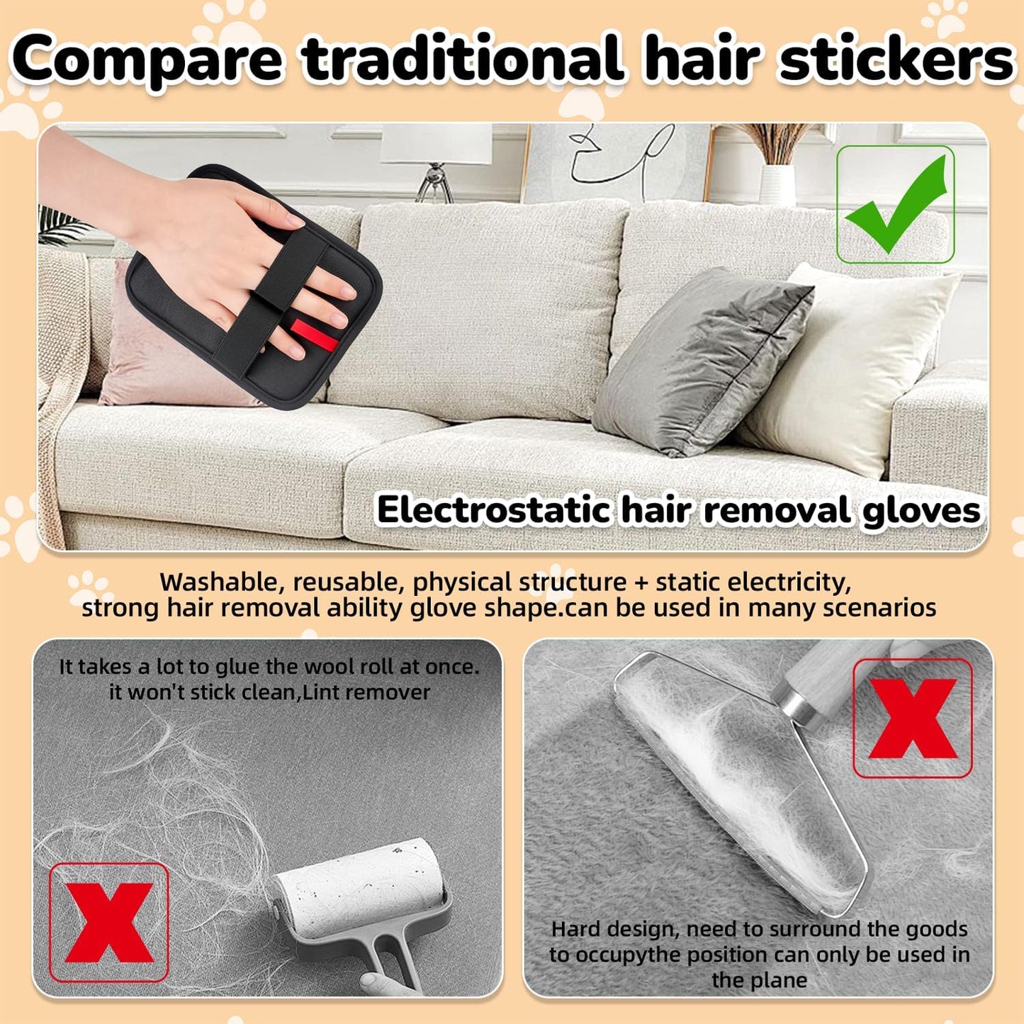 Pet Hair Remover, electrostatic pet Hair Removal Gloves, cat and Dog pet Hair Removal Tools, Suitable for Bed Sheets, Blankets, Clothes, Sofas, Multi-Functional Beauty Gloves -1 Piece