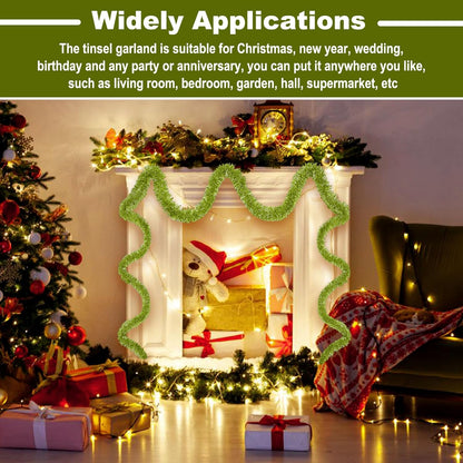 25 Feet Metallic Twist Tinsel Garland - Wall Hanging Backdrop for Parade Floats, Christmas Eve, New Year, Valentine's Day Parties (Light Green, 4in x 25ft)