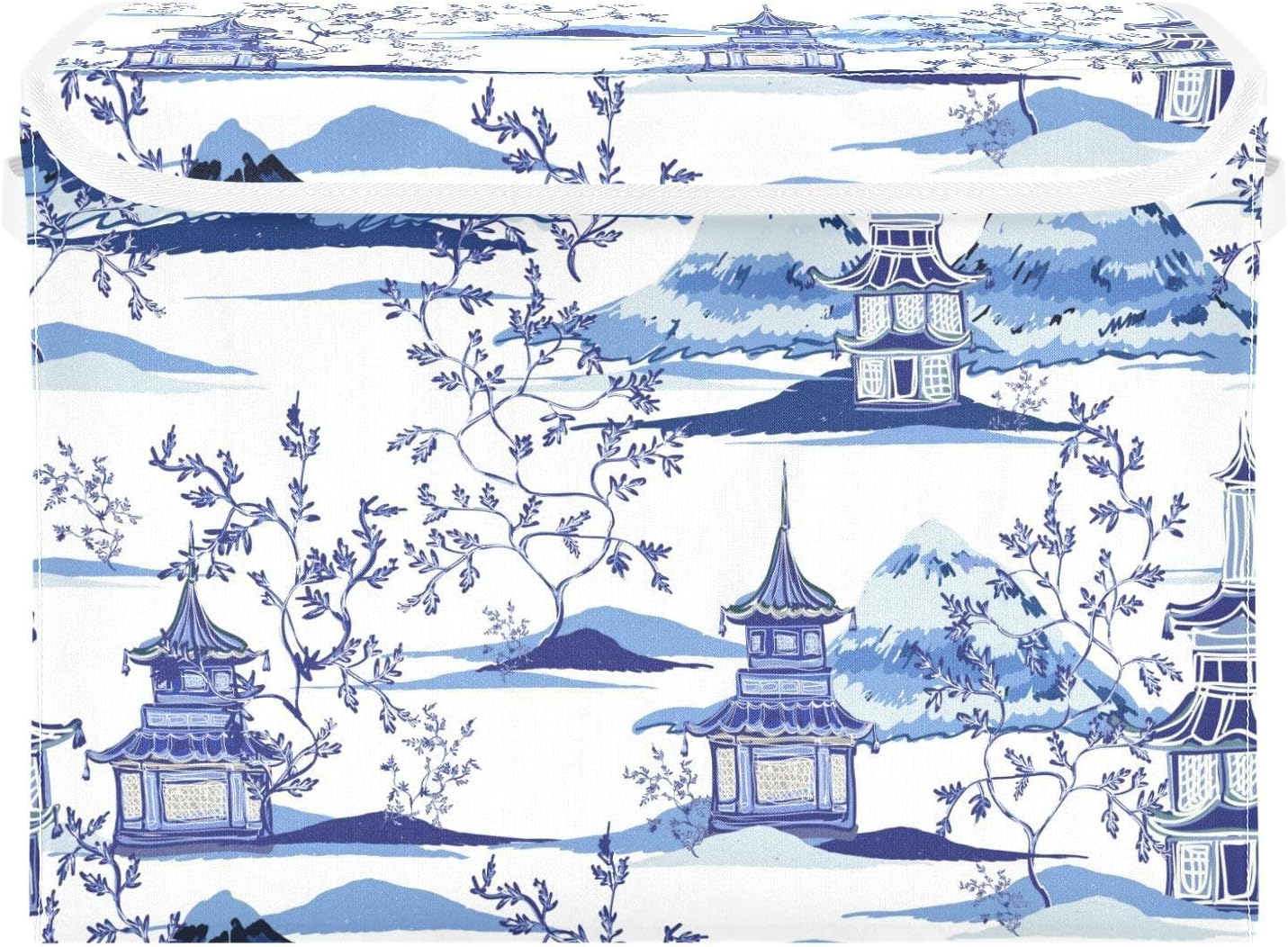 susiyo Ink Chinoiserie Pagodas Storage Bin Large Collapsible Storage Box Stackable design Fabric Storage Bins with Lids Decorative Multi-Color Foldable Organizing Baskets For Closet