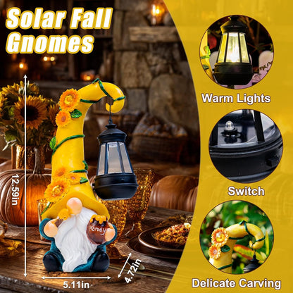 Fall Decorations for Home Porch 12" Solar Fall Gnome Sunflower Garden Statues Honey Bee Jar Decor with LED Lantern Outdoor Gnomes Decorations Patio Yard Balcony Art Birthday Gifts for Mom Grandma