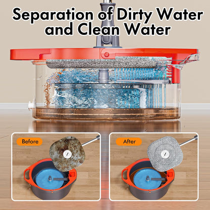 Spin Mop and Bucket Set with Separate Dirty and Clean Water,360° Self Cleaning Mop and Bucket System with Widened Foldable Handle,2 Replaceable Mop Pads,Square Mops for Floor Tile Marble Wall Cleaning