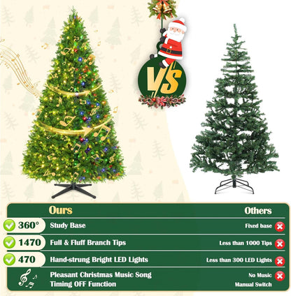 7.5FT Pre-Lit Christmas Tree with Remote Control, Multi-Color LED Lights, Musical Rotating Christmas Tree Stand, Easy Assembly in 3 Sections, Foldable Metal Stand for Home Holiday Decor