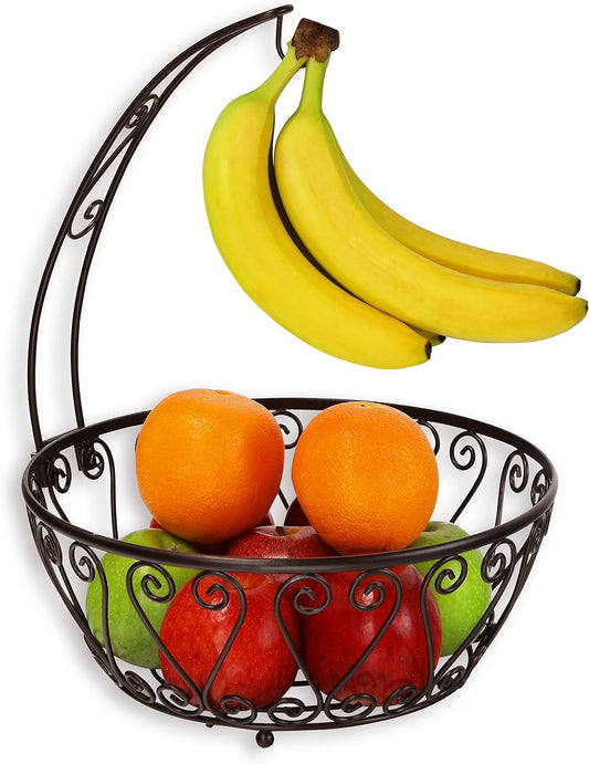 SimpleHouseware Fruit Basket Bowl with Banana Tree Hanger, Bronze