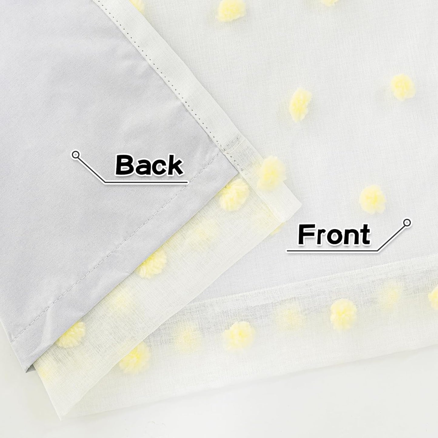 MYSKY HOME 100% Blackout Curtains for Nursery Thermal Insulated Yellow Pom Pom Curtains 63 Inch Length for Girls Bedroom 2 Panels Grommet White Sheer Curtains for Kitchen Dining Room, 52W x 63L