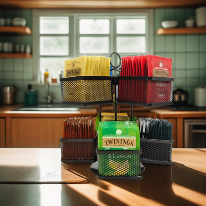Tea Bag Organizer Coffee Holder Storage Spinning Carousel Basket Black Adjustable Tea Caddy For Kitchen Counter, Countertop, Cabinet