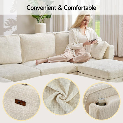 110" Modular Sectional Sofa, Convertible Sleeper Sofa Couch Bed with Adjustable Backrest, U-Shaped Chenille Cloud Couch with Ottoman Storage, Deep Seat Couches for Living Room,Beige