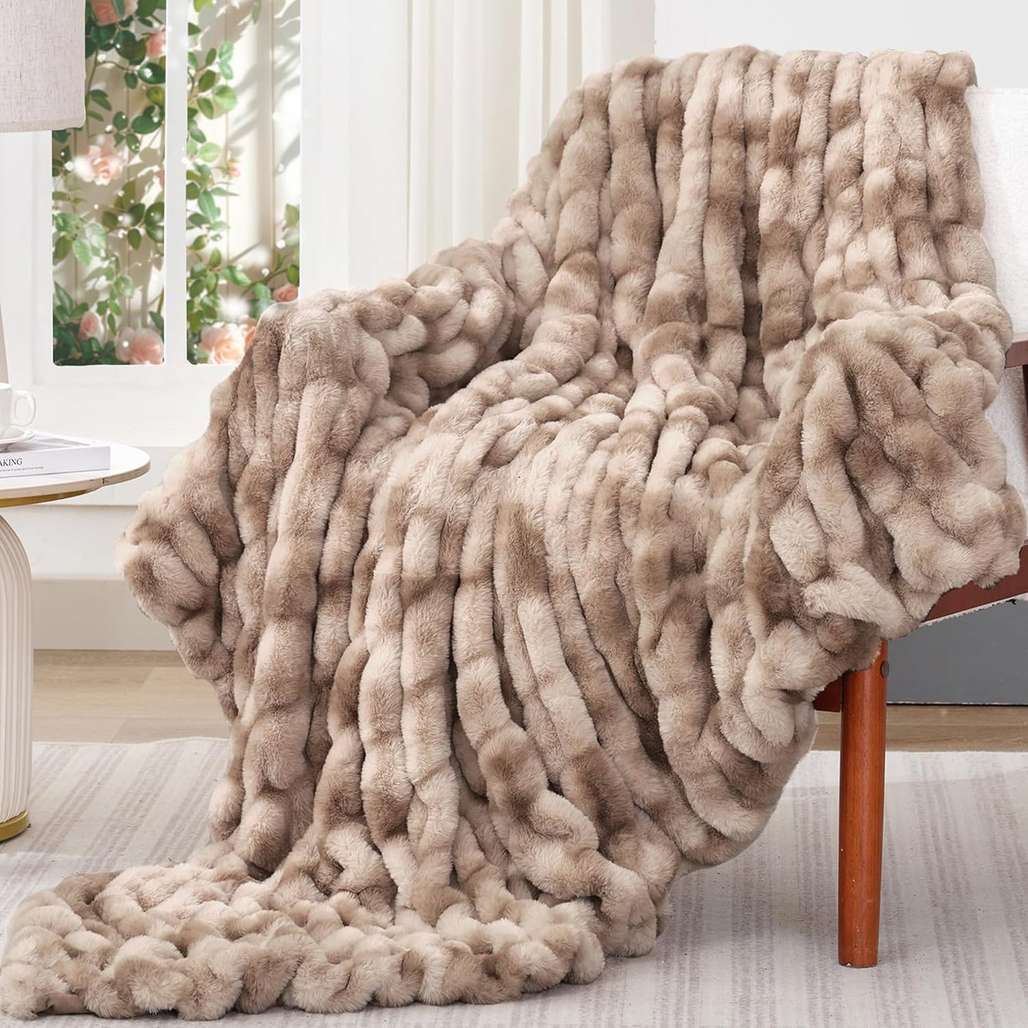 Touchat Ruched Faux Rabbit Fur Throw Blanket, 700 GSM Luxury Dual-Sided Soft Cozy Blanket, Fuzzy Fluffy Plush Blanket for Bed, Couch and Sofa - 50"x60", Tie-dye Brown