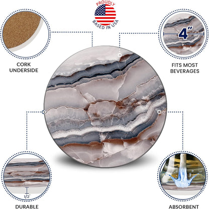 Emerson Coasters for Drinks Absorbent – Natural Stone Drink Coasters Set with Holder, Coasters for Coffee Table, Wooden Tabletop Protection Marble Style – 100% Heavy Duty, Set of 6 (Onyx)