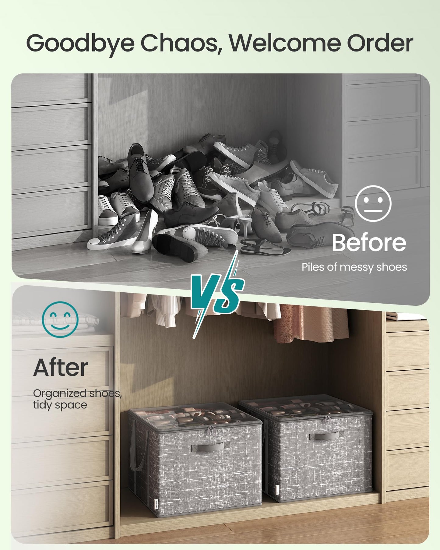 SONGMICS Shoe Organizer for Closet, Shoe Storage Box with Clear Lid, Foldable Fabric Bins, Holds 16