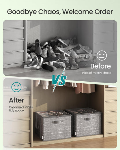 SONGMICS Shoe Organizer for Closet, Shoe Storage Box with Clear Lid, Foldable Fabric Bins, Holds 16