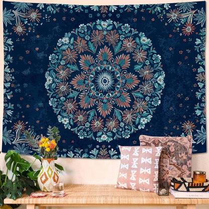 Fowocu Boho Floral Mandala Tapestry Wall Hanging Blue Bohemian Flower Medallion Tapestry Aesthetic Vintage Navy Hippie Indian Small Tapestries for Bedroom Living Room Dorm Decor 60 x 44 Inch