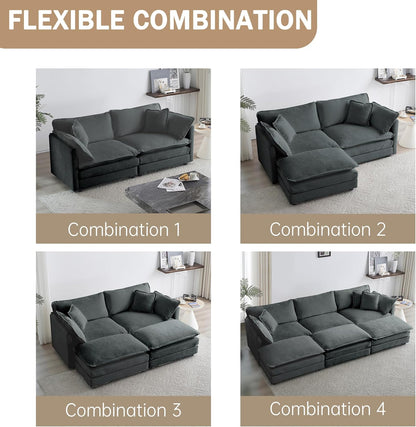 Sectional Sofa 2 Seater with Movable 1 Ottoman,Oversized Modular Couch Deep Seat (Grey, 76.7 inch-L)
