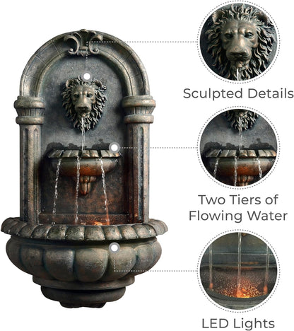 Teamson Home 32.1 in. Wall-Mounted Lion Head Stone LED Outdoor Water Fountain for Gardens, Landscaping, Patios, Balconies, Lawns to Create a Calming Oasis in Outdoor Living Spaces, Antique Bronze