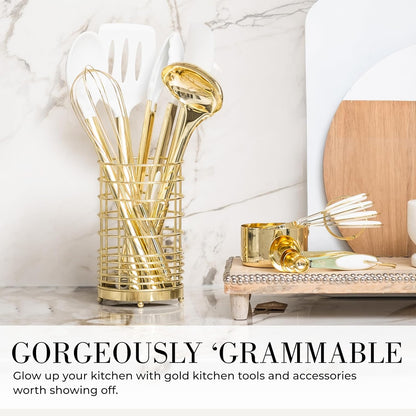 White Silicone and Gold Cooking Utensils Set with Gold Utensil Holder - 7-Piece Silicone Cooking Tools - Ideal for Nonstick Cookware and Stylish Modern Kitchens - Luxury Kitchen Accessories