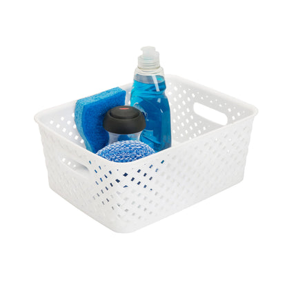 Simplify Small Resin Wicker Tote | Storage Bin | Plastic Organizer | Carrying Handles | Bathroom |