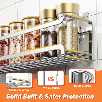 Spice Rack wall mounted 2 Pack, Space-Saving Spice Organizer for Spice Jars and Seasonings,Screw or Adhesive Hanging Spice Rack Organizer for Your Kitchen Cabinet,or Pantry Door,Silver