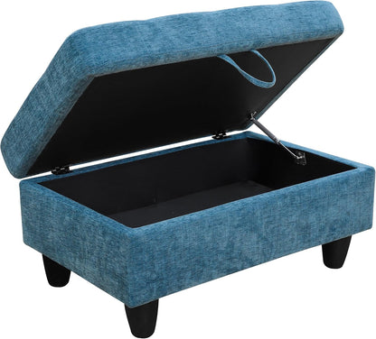 Ottoman Rectangular Storage Ottoman Bench, Flannel Footrest Stool Footstool with Lid for Living Room, Bedroom, Entryway, Blue, 34"x22.8"x17.5"