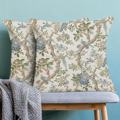 CXMEIFLY Chinoiserie Spring Pillow Covers 16 x 16 Inch Set of 2 for Blue Sage Green Vintage Flowers Bird Decor Throw Pillows Plant Farmhouse Outdoor Decorative Cushion Cases for Couch Bed Decorations