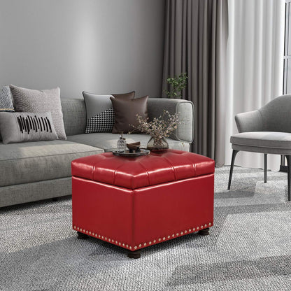 24'' Leather Storage Ottoman Rectangular Foot Rest Stool with Nailhead Trim for Bedroom Living Room(Red)