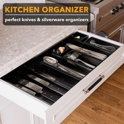 SpaceAid 7-Piece Bamboo Drawer Organizer Storage Boxes Set, Wood Tray Junk Drawer Organizers Multi-Use Divider Bins for Kitchen, Bathroom, Office Desk and Makeup Organization (7 Pack, Black)