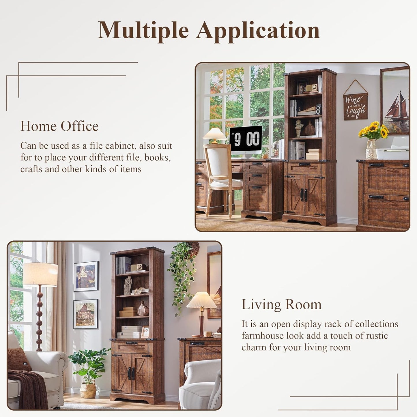 RedLemon Bookshelf with Storage Cabinet, 72" Tall Farmhouse Bookcase with Adjustable Shelves and Barn Door, 4 Tier Office Wood Bookshelf with Drawer for Library Living Room (Reclaimed Barnwood Color)