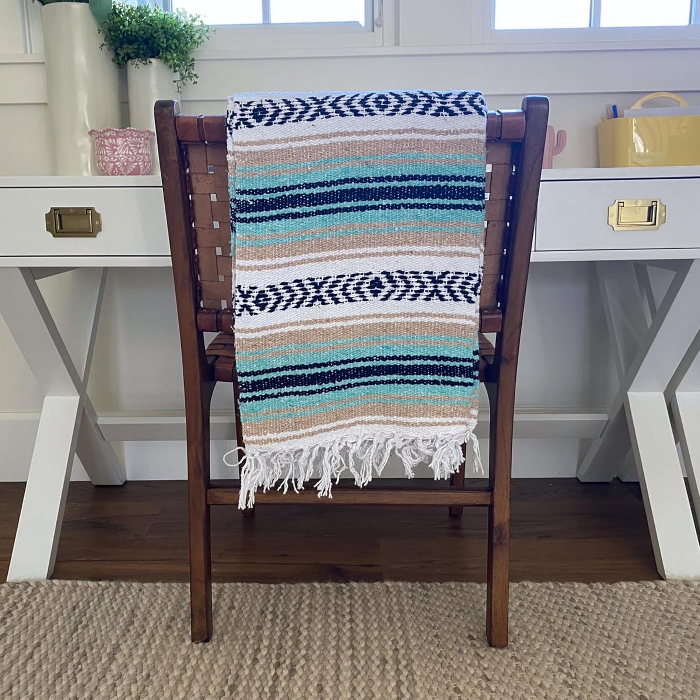 Del Mex Classic Mexican Blanket, Large Authentic Woven Falsa Throw (70"x50"), Artisan Southwest Décor for Beach, Yoga, Outdoors (Mint/Tan)