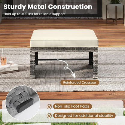 Tangkula 2 Pieces Patio PE Rattan Ottomans, Multipurpose Outdoor Footstool Footrest Additional Seating Side Table with Soft Zippered Cushions for Deck, Garden, and Yard (White)