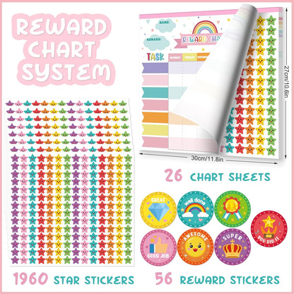 Reward Chart for Kids,Magnetic Behavior Chore Chart for Kids at Home,26 Rainbow White Chore Charts,1960 Star Stickers,56 Reward Stickers,Incentive Chore Chart to Develop Responsibility and Good Habits