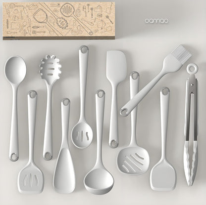 Thickened Silicone Kitchen Utensils Set, 600°F Heat Resistant Silicone Cooking Utensils, Spatula, Spoon, Whisk, Tongs, Kitchen Gadgets for Nonstick Cookware, Dishwasher Safe BPA Free (Cream White)