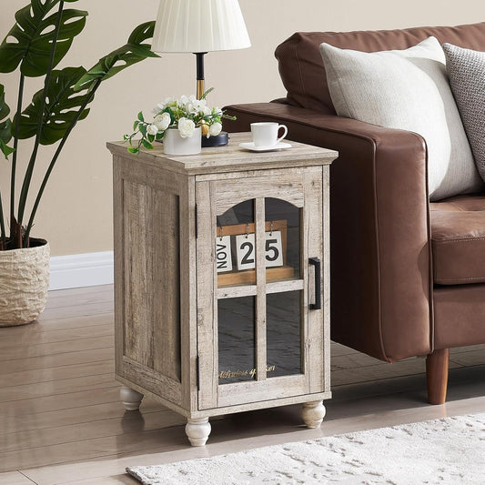 Narrow Side Table,Farmhouse Nightstand with Charging Station,Wood End Table with Glass Barn Door Storage, Cabinet Organizer with Adjustable Shelf, Night Stand for Small Spaces for Living Room Bedroom