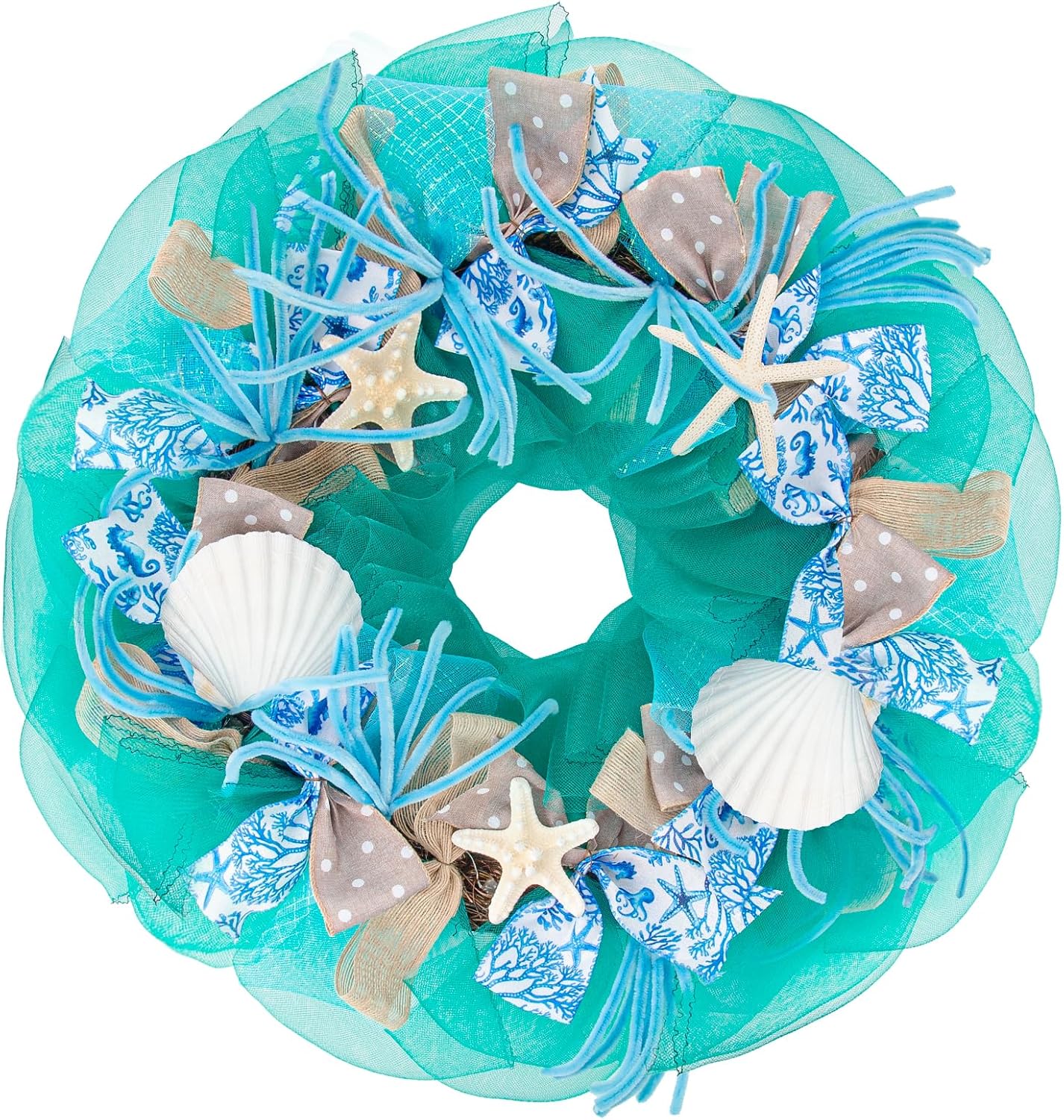 26 Inch Coastal Seashell Large Wreath with Natural Starfish & Scallops Shell, Lake Blue Beach Style Front Door Wreath with for Spring Summer, Farmhouse Rustic Indoor Outdoor Home Wall Wedding Decor