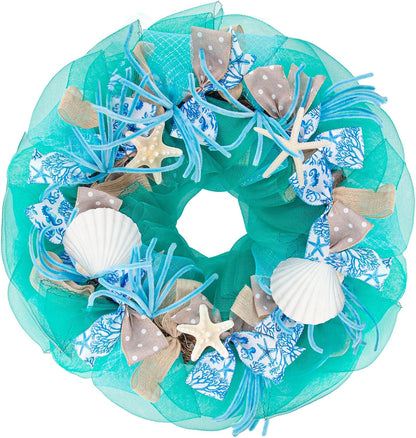 26 Inch Coastal Seashell Large Wreath with Natural Starfish & Scallops Shell, Lake Blue Beach Style Front Door Wreath with for Spring Summer, Farmhouse Rustic Indoor Outdoor Home Wall Wedding Decor