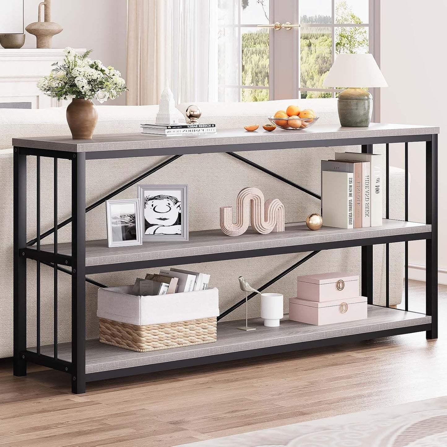 LVB Extra Long 3-Tier Sofa Table, Industrial Console Table with Storage Shelf, Modern Rustic Wood Metal Narrow Entryway Table, Skinny Behind Couch Table for Foyer Living Room Bedroom, Light Grey, 70In