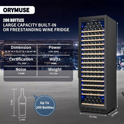 200 Bottle Upgrade Wine Cooler Refrigerator - 24 Inch Large Capacity Wine Fridge Built-In Freestanding, with Quiet Compressor, Professional Temperature Control & Wine Cellar - Black