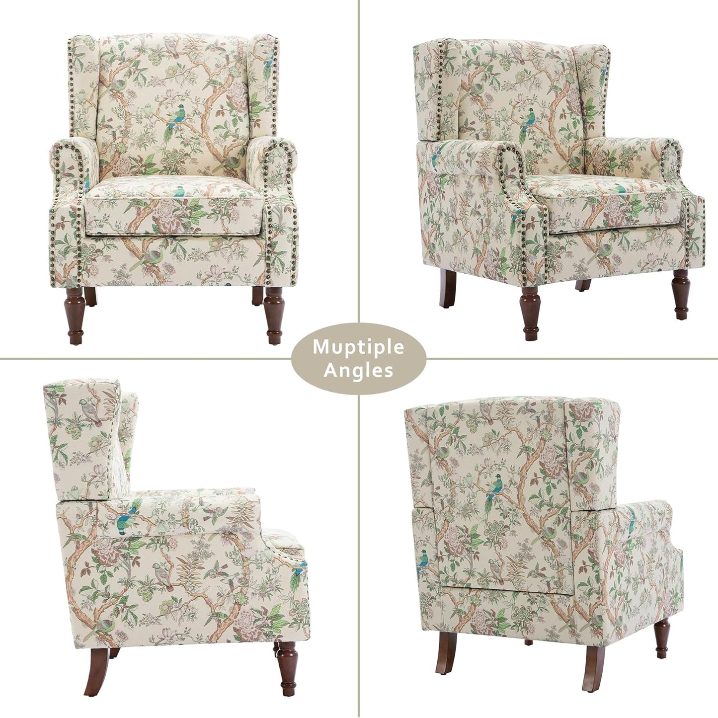 Lumibee High Back Accent Chair, Armchair in Fabric,Comfy Upholstered Wingback Single Sofa Reading Chair with Solid Wood Legs for Living Room,Bedroom,Office-Bird