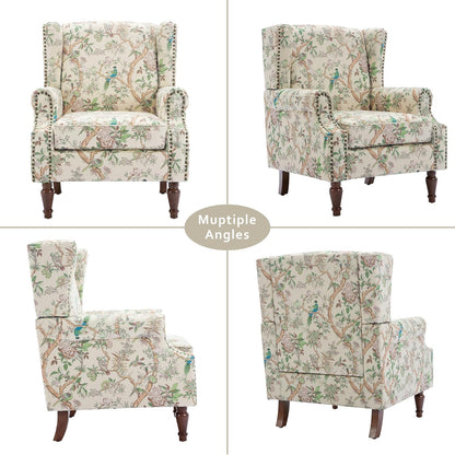 Lumibee High Back Accent Chair, Armchair in Fabric,Comfy Upholstered Wingback Single Sofa Reading Chair with Solid Wood Legs for Living Room,Bedroom,Office-Bird