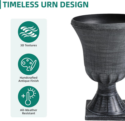 22" Large Urn Planters for Outdoor Plants, Set of 2 Plastic Flower Pot with Handmade Washed Black Finish, Weather-Resistant for Porch, Garden, Patio or Indoor Use
