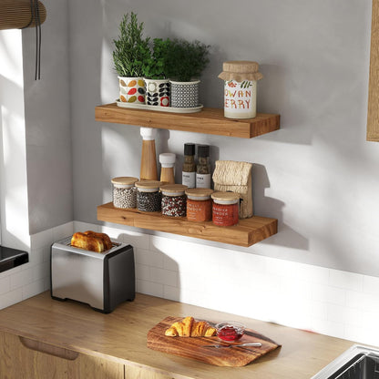 Wood Floating Shelves for Wall, 24" Floating Shelves Wall Mounted, Rustic Old Elm Wood Shelf for Home Decor, Heavy-Duty Storage Shelves for Books, Bathroom, Kitchen, Natural Color, Set of 2
