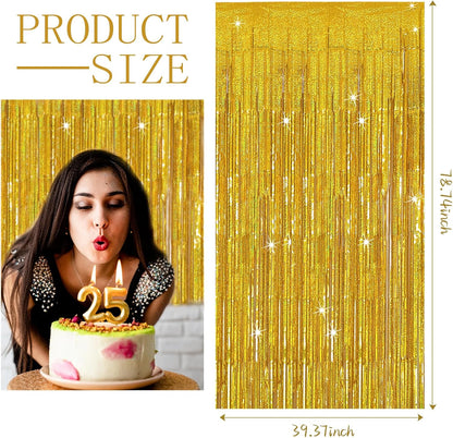 3 Pack Gold Backdrop Birthday Decorations Foil Curtain Backdrop Gold Streamers Dance Party Decorations Photo Booth Props for Bachelorette Decorations Christmas Halloween New Years Eve Party Supplies