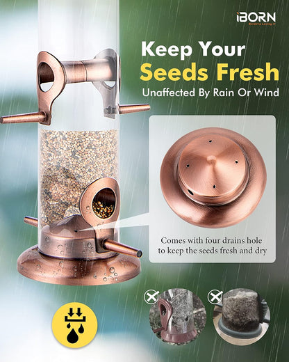 iBorn Metal Bird Feeders Metal Bird Feeder Copper for Outdoors Hanging All Metal Copper Finishing 14 Inch 4Port(Seed is not Included)