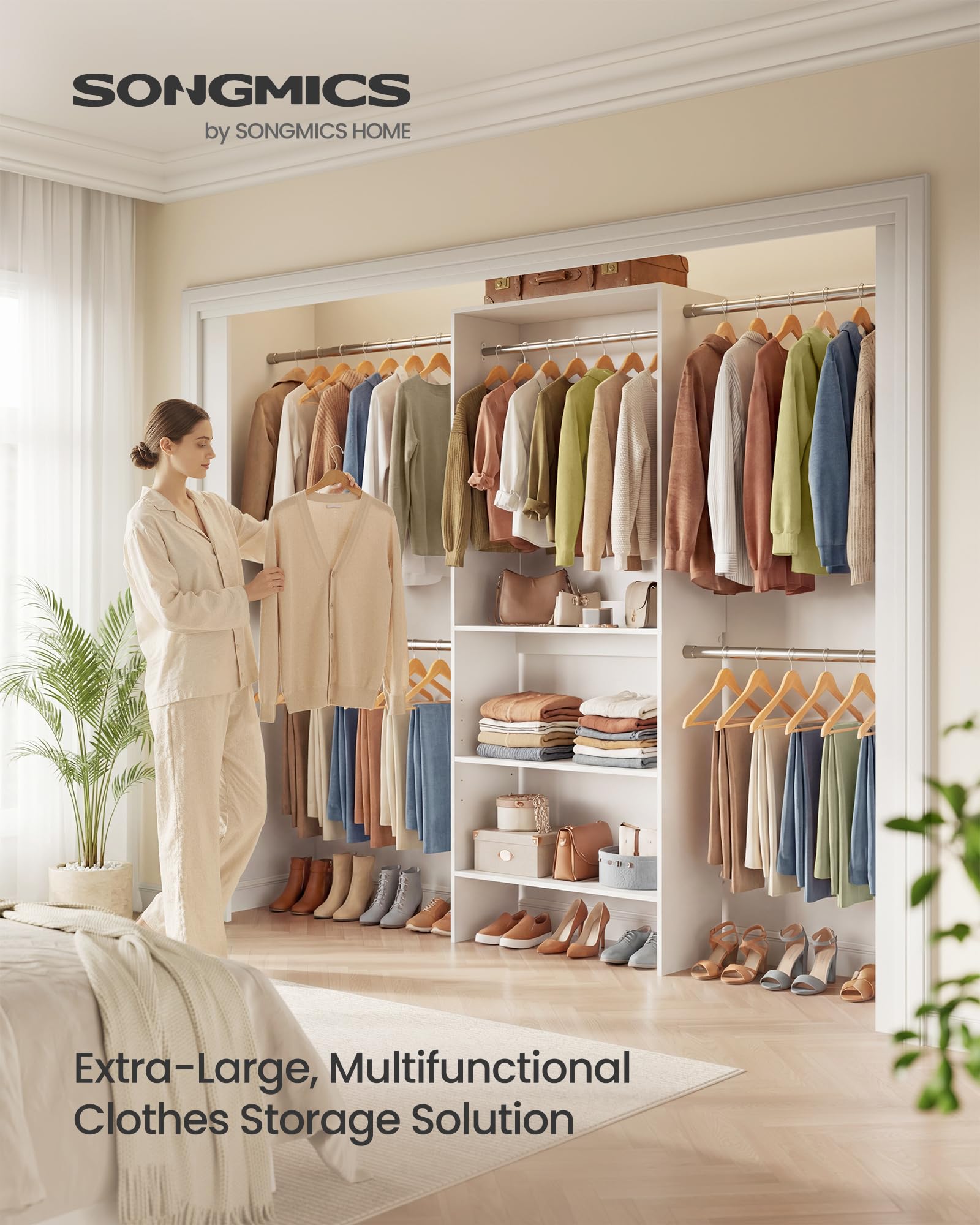 SONGMICS Closet System, Customizable Walk-In Closet Organizer System with Adjustable Hanging Rods