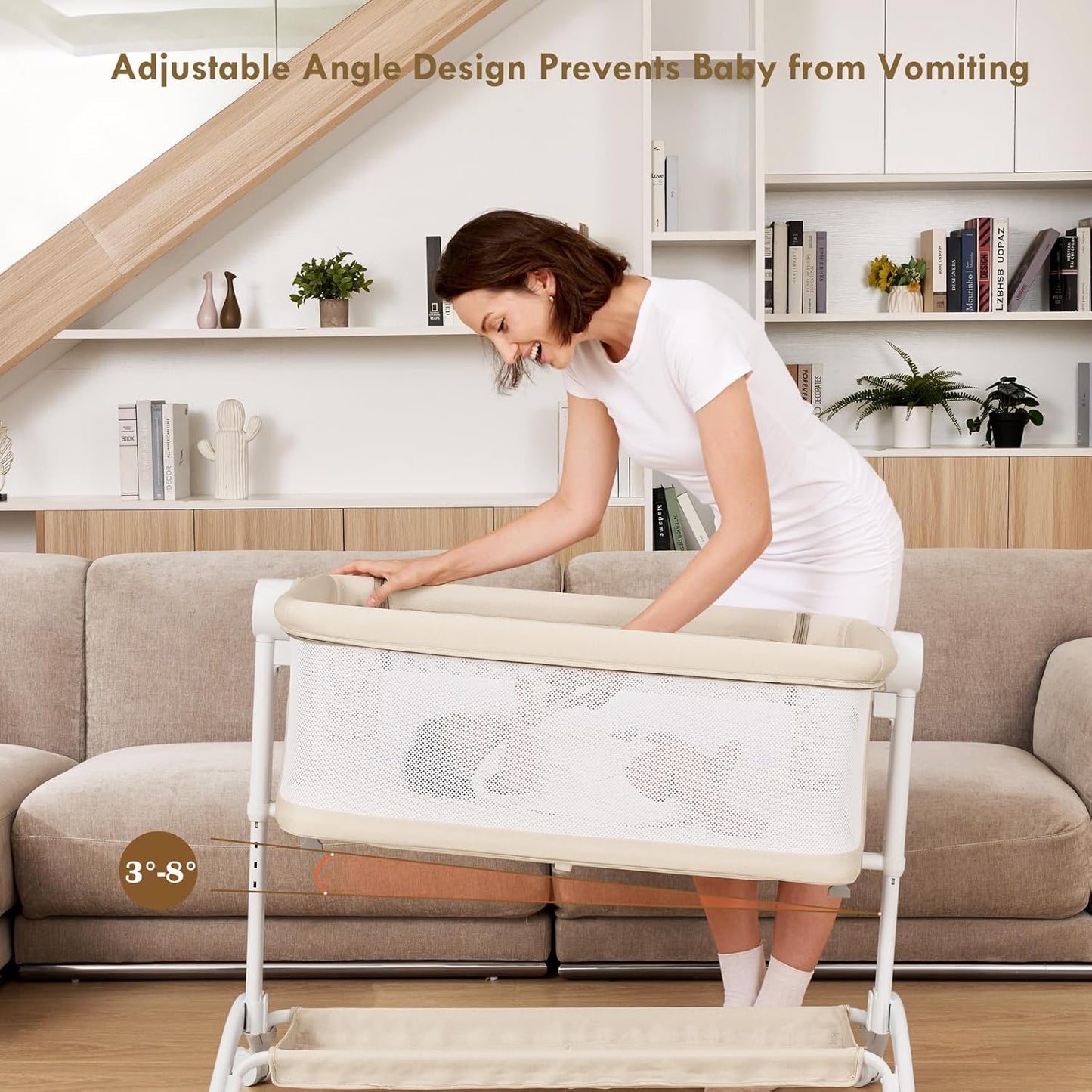Bassinet Bedside Sleeper - All-Mesh Design, Portable Bedside Bassinet for Baby with Washable Mattress, 5 Adjustable Heights（Beige）