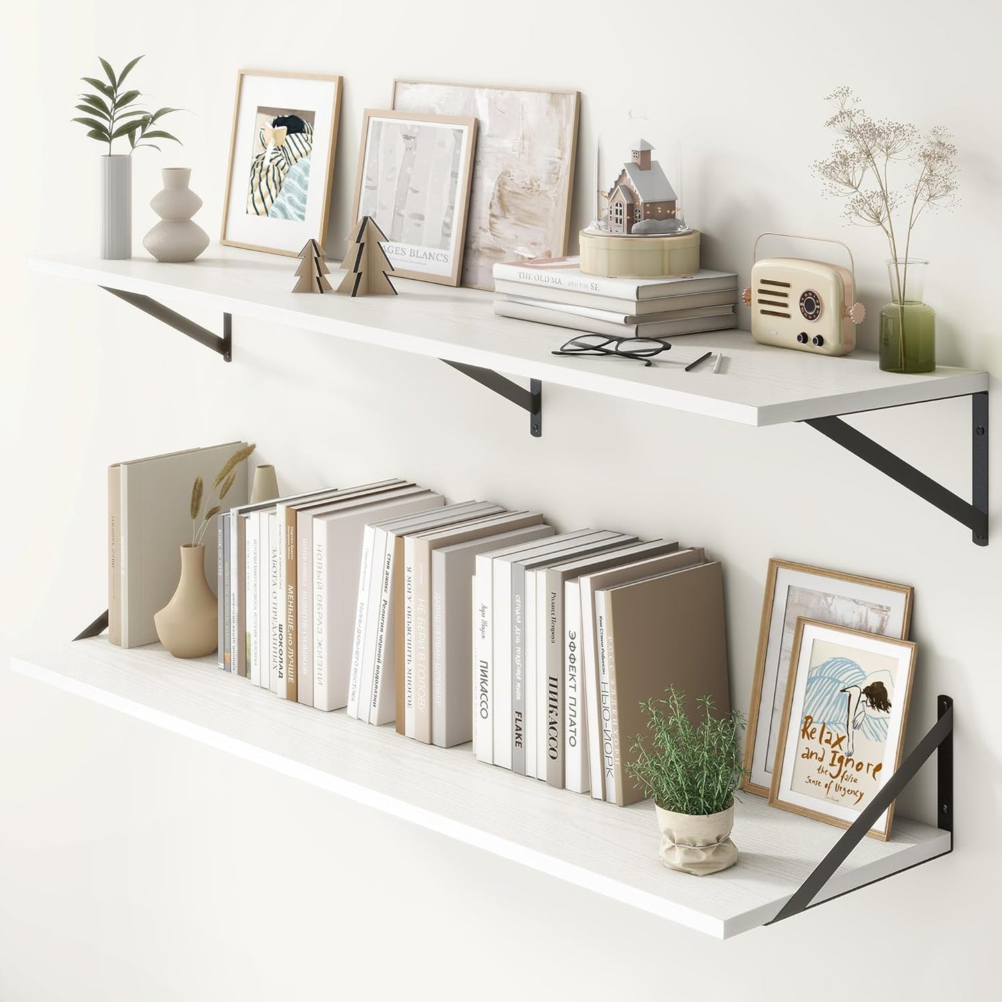 Fun Memories Deep Floating Shelves, 55W x 12D Floating Shelves for Wall, Wood White Floating Shelf with Bracket, Wide Display & Storage Wall Shelves for Living Room, Bedroom,