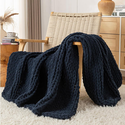 Chunky Knit Blanket Throw, 100% Hand Knit Throw Blanket Handmade Chenille Cable Knit Throw for Couch, Stylish Cozy Soft Rope Knot Crochet Blanket for Home Decor, Navy Blue, 50x60 Inches