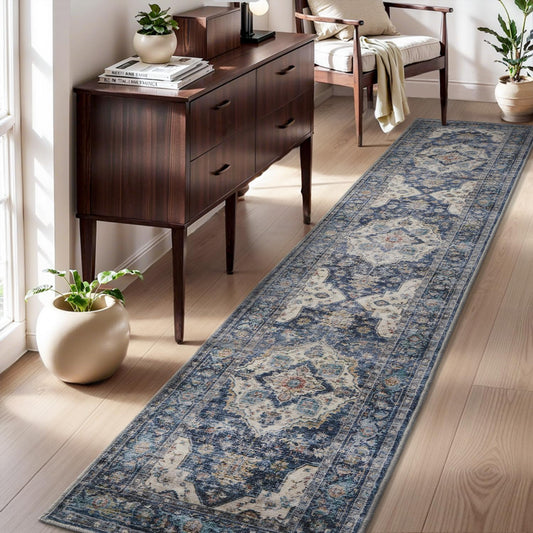 AMOAMI-2X10 Runner Rug-Washable Runners for Hallways-Soft Non Slip Bedside Rugs for Bedroom-Vintage Long Rug for Hallways Entryway Laundry Room Stair Kitchen Bathroom Blue