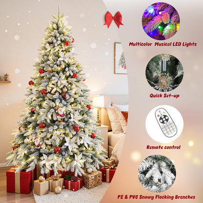9FT Rotating Christmas Tree with Remote, Pre-Lit Artificial Green PE & PVC Xmas Tree, Multicolor LED Lights with Music & Flash Modes, Deluxe Holiday Home Decor