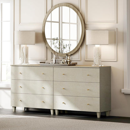 WAMPAT Dresser with 6 Drawers for Bedroom, 70.8" Wide Wooden Chest of Drawers, Modern Closet Storage Organizer Dressers with Solid Wood Legs for Living Room, Children's Room, Nursery, Beige