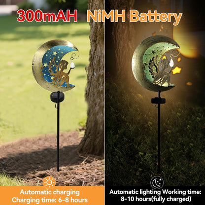 Solar Angel Moon Garden Stake Light – Outdoor Metal Yard Decoration with Crystal Pendant, Waterproof LED Light for Patio, Pathway, Lawn – Rustic Gold & Blue