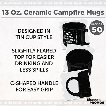 DISCOUNT PROMOS Custom Ceramic Campfire Coffee Mugs 13 oz. Set of 50, Personalized Bulk Pack - Perfect for Tea, Espresso, Cappuccino, Hot Cocoa - Black