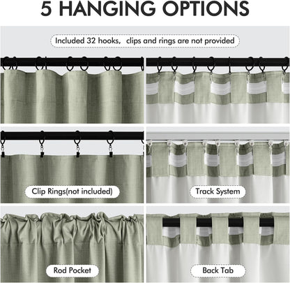 MIULEE 100% Blackout Curtains 108 Inch Long 2 Panels for Bedroom, Thick Luxury Faux Linen Black Out Curtain Room Darkening Back Tab Pleat Window Textured Drapes with Hooks for Living Room, Sage Green